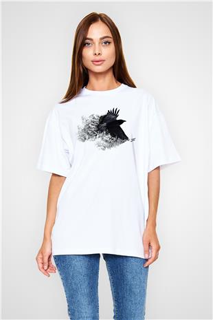 Karga Baskılı Beyaz Unisex Oversize Tişört - Tshirt