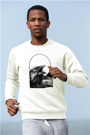 Karga Baskılı Beyaz Unisex Sweatshirt