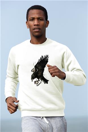 Karga Baskılı Beyaz Unisex Sweatshirt