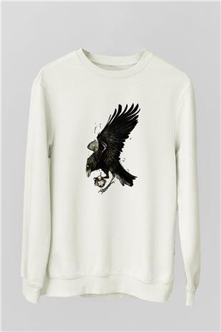 Karga Baskılı Beyaz Unisex Sweatshirt