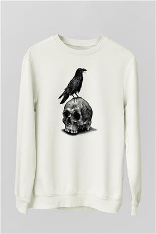 Karga Baskılı Beyaz Unisex Sweatshirt