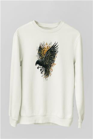 Karga Baskılı Beyaz Unisex Sweatshirt