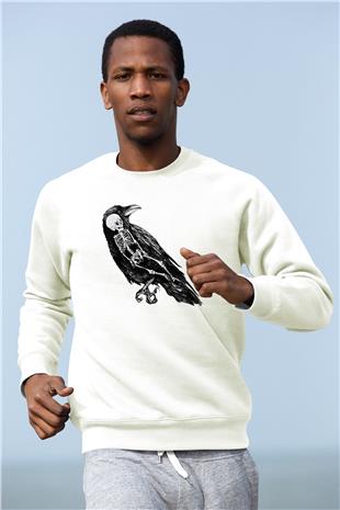 Karga Baskılı Beyaz Unisex Sweatshirt