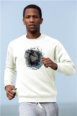 Karga Baskılı Beyaz Unisex Sweatshirt