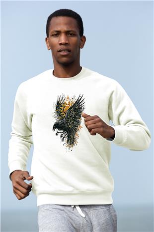 Karga Baskılı Beyaz Unisex Sweatshirt