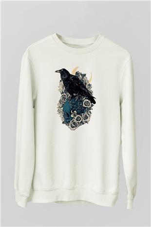 Karga Baskılı Beyaz Unisex Sweatshirt