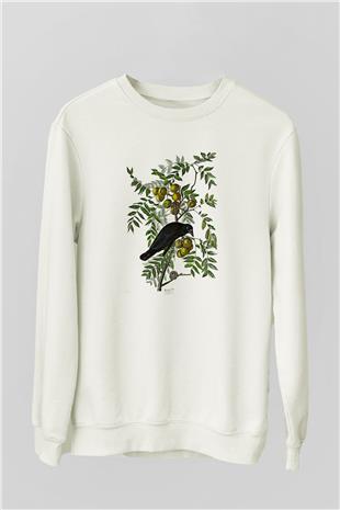 Karga Baskılı Beyaz Unisex Sweatshirt