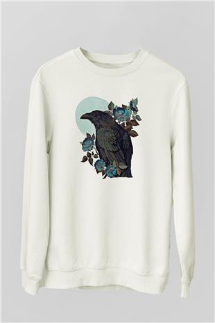 Karga Baskılı Beyaz Unisex Sweatshirt
