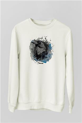 Karga Baskılı Beyaz Unisex Sweatshirt