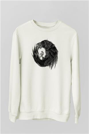 Karga Baskılı Beyaz Unisex Sweatshirt