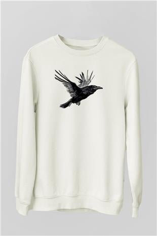 Karga Baskılı Beyaz Unisex Sweatshirt