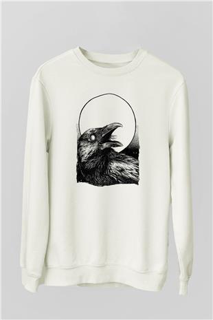 Karga Baskılı Beyaz Unisex Sweatshirt