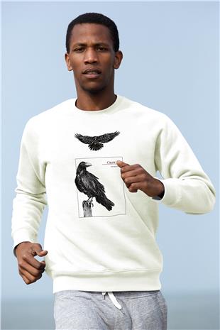 Karga Baskılı Beyaz Unisex Sweatshirt