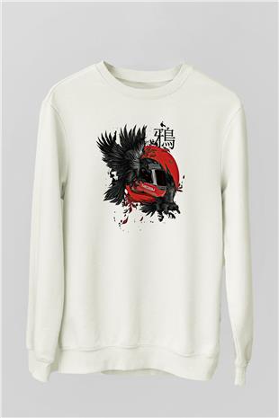 Karga Baskılı Beyaz Unisex Sweatshirt