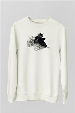 Karga Baskılı Beyaz Unisex Sweatshirt
