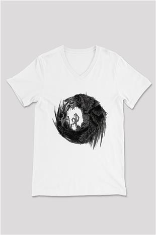 Karga Baskılı Beyaz Unisex V Yaka Tişört - Tshirt