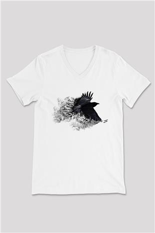 Karga Baskılı Beyaz Unisex V Yaka Tişört - Tshirt