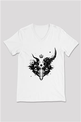 Karga Baskılı Beyaz Unisex V Yaka Tişört - Tshirt