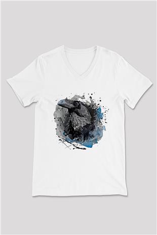 Karga Baskılı Beyaz Unisex V Yaka Tişört - Tshirt