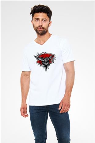 Karga Baskılı Beyaz Unisex V Yaka Tişört - Tshirt