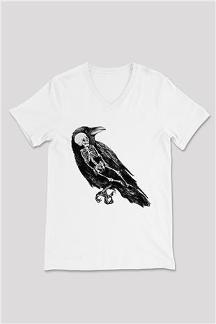 Karga Baskılı Beyaz Unisex V Yaka Tişört - Tshirt