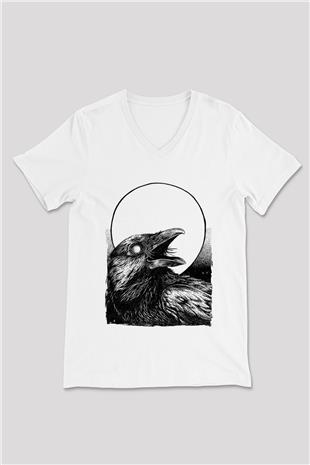 Karga Baskılı Beyaz Unisex V Yaka Tişört - Tshirt