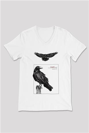 Karga Baskılı Beyaz Unisex V Yaka Tişört - Tshirt