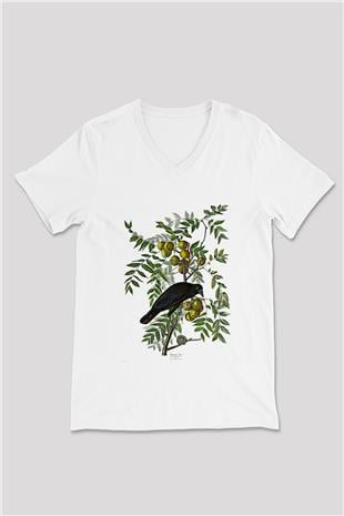 Karga Baskılı Beyaz Unisex V Yaka Tişört - Tshirt