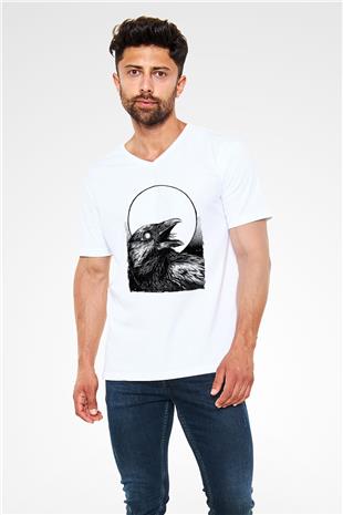 Karga Baskılı Beyaz Unisex V Yaka Tişört - Tshirt