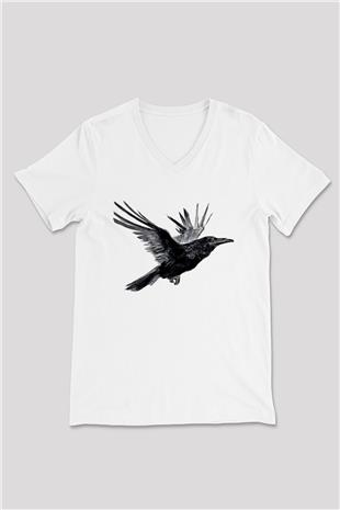 Karga Baskılı Beyaz Unisex V Yaka Tişört - Tshirt