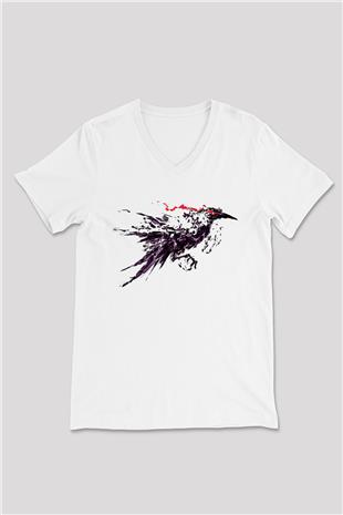Karga Baskılı Beyaz Unisex V Yaka Tişört - Tshirt