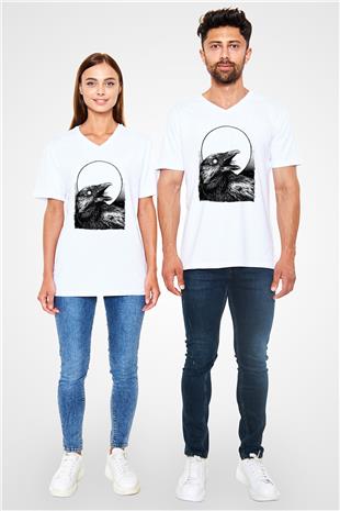 Karga Baskılı Beyaz Unisex V Yaka Tişört - Tshirt