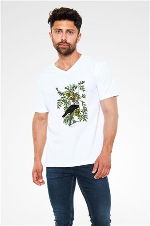 Karga Baskılı Beyaz Unisex V Yaka Tişört - Tshirt