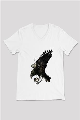 Karga Baskılı Beyaz Unisex V Yaka Tişört - Tshirt