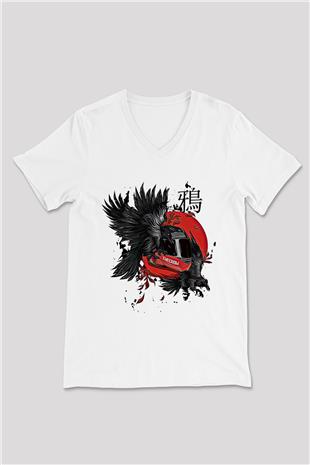 Karga Baskılı Beyaz Unisex V Yaka Tişört - Tshirt
