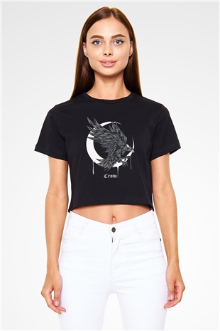 Karga Baskılı Siyah Crop Top Kadın Tişört - Tshirt