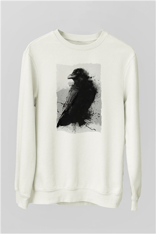 Karga Baskılı Unisex Beyaz  Sweatshirt