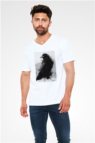 Karga Baskılı Unisex Beyaz  V Yaka Tişört