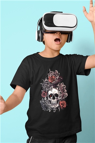 Karga Baskılı Unisex Siyah Çocuk Tişört - Tshirt