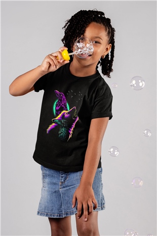 Karga Baskılı Unisex Siyah Çocuk Tişört - Tshirt