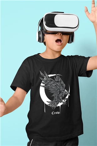 Karga Baskılı Unisex Siyah Çocuk Tişört - Tshirt