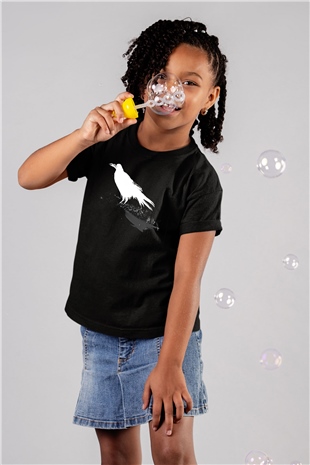 Karga Baskılı Unisex Siyah Çocuk Tişört - Tshirt