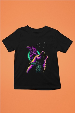 Karga Baskılı Unisex Siyah Çocuk Tişört - Tshirt