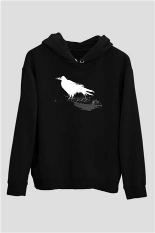 Karga Baskılı Unisex Siyah Hoodie