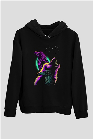 Karga Baskılı Unisex Siyah Hoodie
