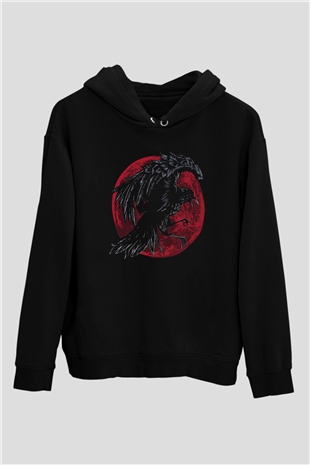Karga Baskılı Unisex Siyah Hoodie