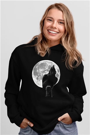 Karga Baskılı Unisex Siyah Hoodie