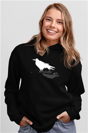 Karga Baskılı Unisex Siyah Hoodie