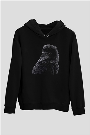 Karga Baskılı Unisex Siyah Hoodie