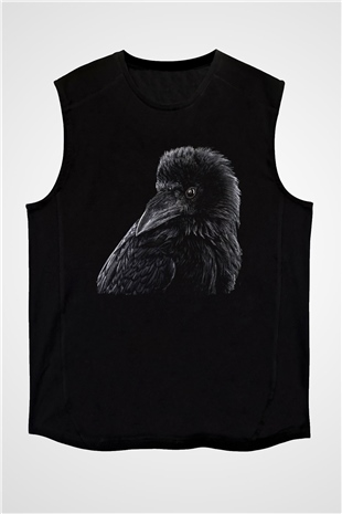 Karga Baskılı Unisex Siyah Kolsuz Tişört - Tshirt